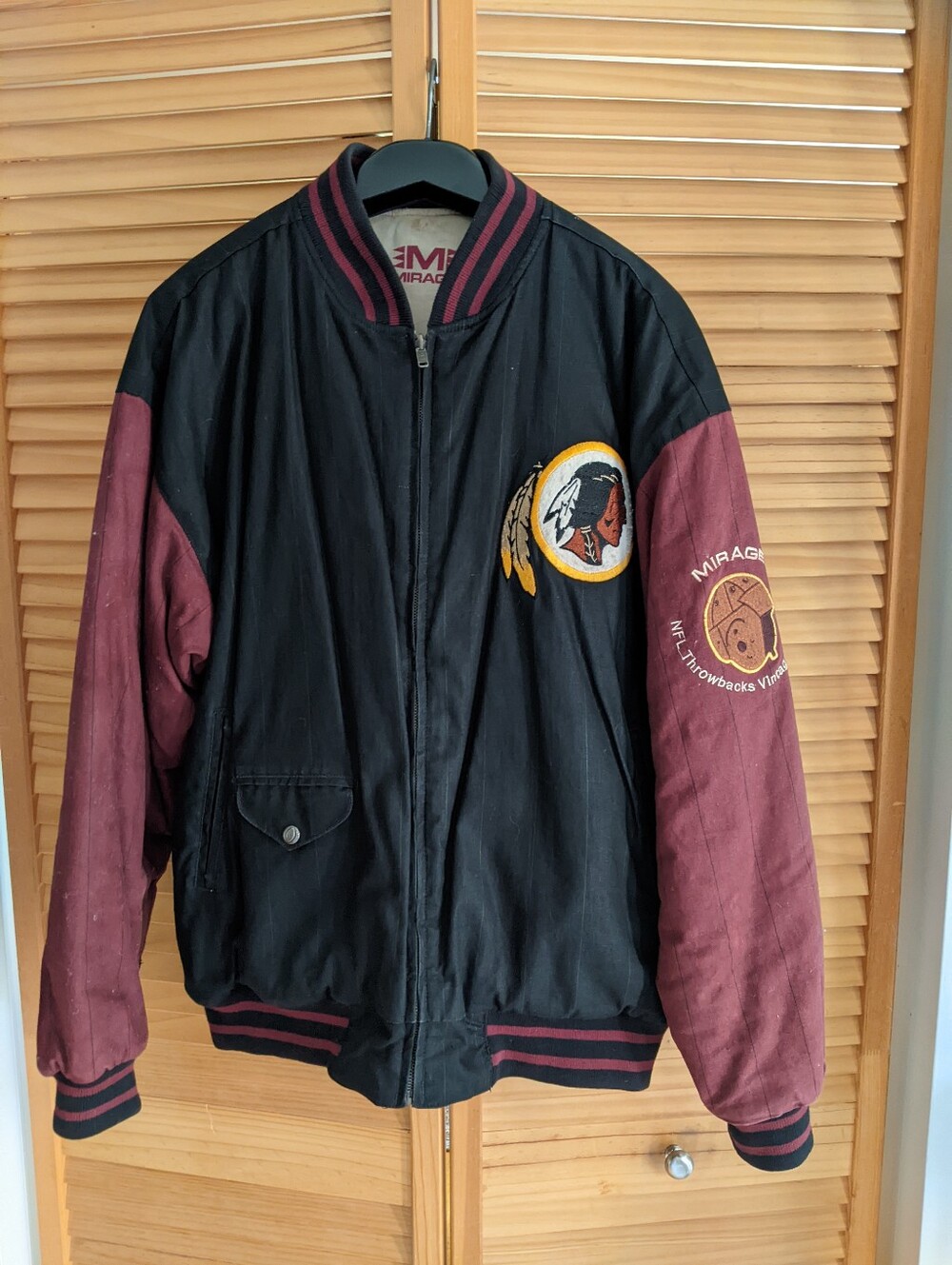 Vintage Redskins Men's Black and Burgundy Team-Style Bomber Jacket Reversible
